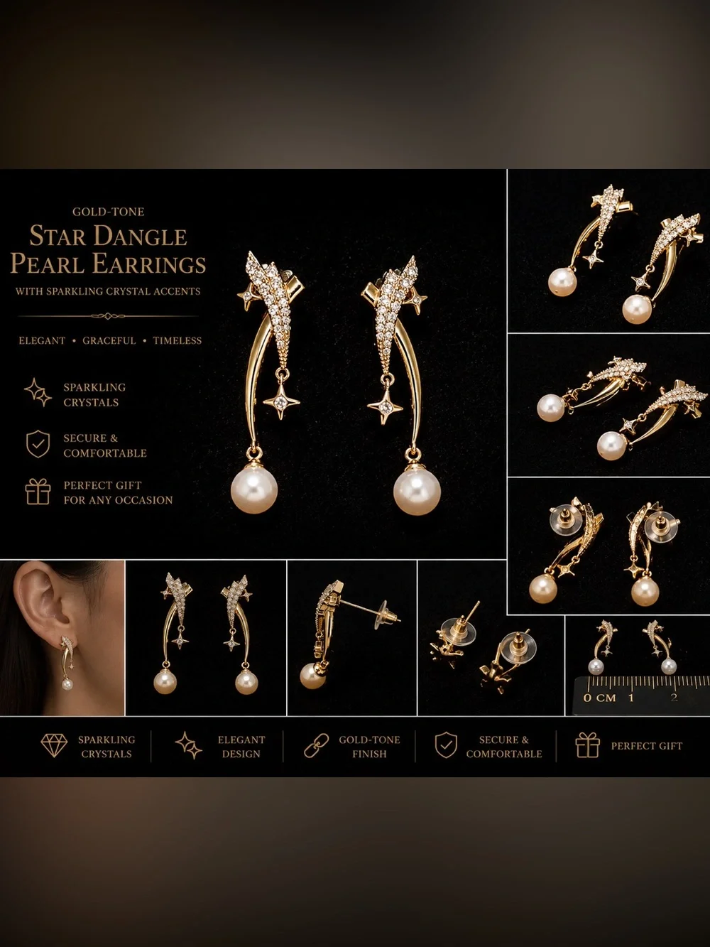 Laminated Gold Star & Pearl Dangle Earrings | Crystal Celestial Design